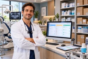 Montagem ilustrativa gerada por IA sobre gestão de clínicas odontológicas, com dentista, sistema de gestão e estoque organizado.