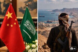 Composição editorial gerada por IA mostra, à esquerda, bandeiras da China e da Arábia Saudita em ambiente diplomático e, à direita, uma figura em área costeira árida do Oriente Médio, usada para contextualizar notícia sobre pressão chinesa ao Irã em relação aos houthis.