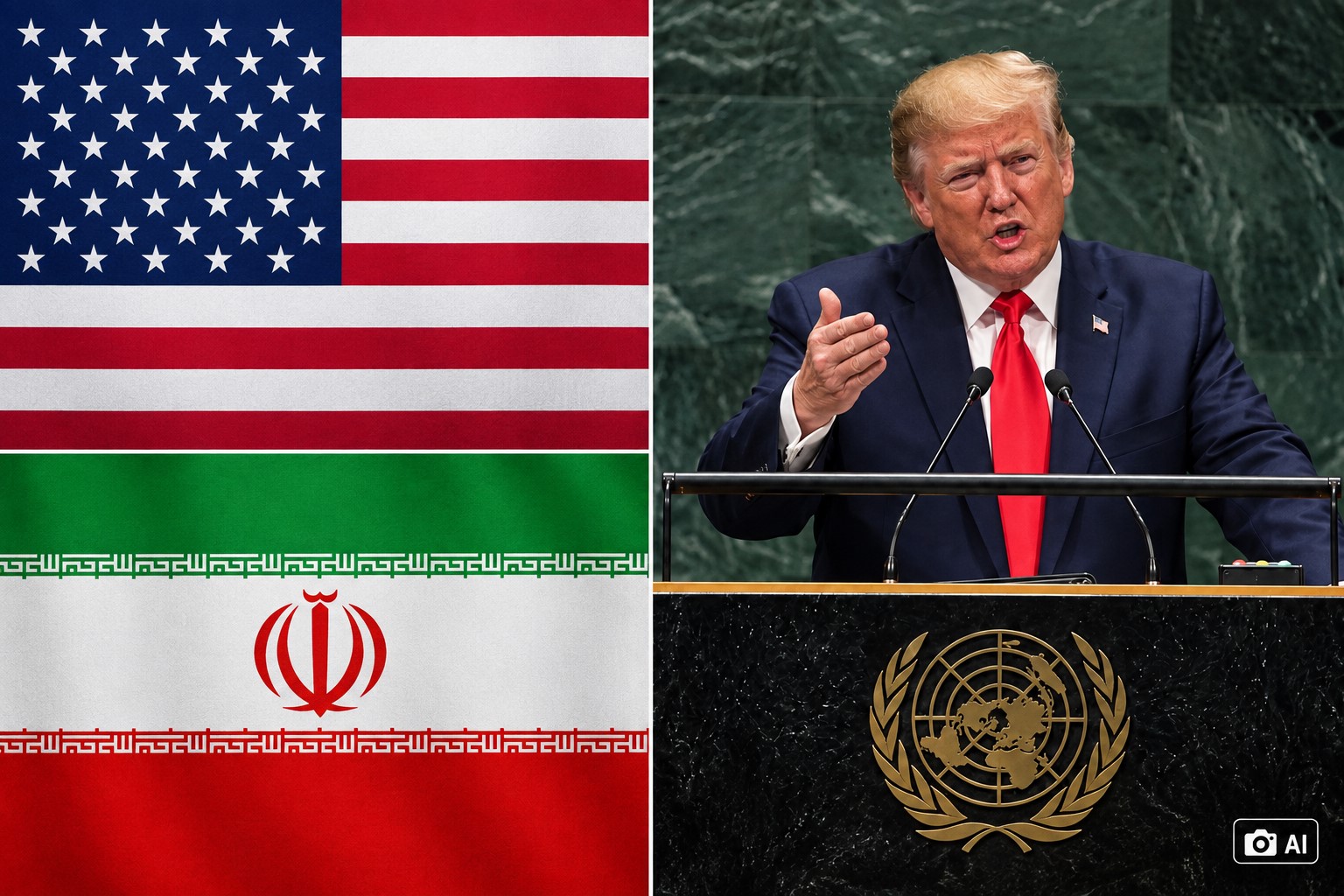 Composição editorial gerada por IA mostra bandeiras dos Estados Unidos e do Irã ao lado de Donald Trump discursando em cenário alusivo à Assembleia Geral da ONU.