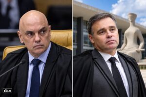 Composição ilustrativa gerada por IA representa os ministros Alexandre de Moraes e André Mendonça em montagem visual sobre tema de interesse jornalístico