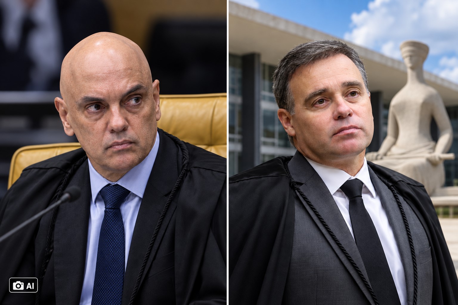 Composição ilustrativa gerada por IA representa os ministros Alexandre de Moraes e André Mendonça em montagem visual sobre tema de interesse jornalístico