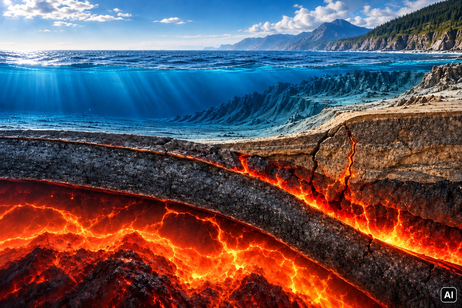 Ilustração em corte geológico mostra ruptura profunda sob o Oceano Pacífico na região de Cascádia