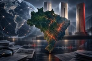 Mapa do Brasil em destaque com sinais visuais de tensão institucional, diante de globo terrestre e formas abstratas que remetem aos Três Poderes, em composição ilustrativa sobre crise interna e repercussão internacional.