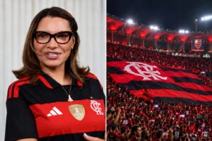 Montagem mista mostra, à esquerda, foto de reprodução de Janja em evento com camisa do Flamengo e pingente de Nossa Senhora Aparecida; à direita, imagem gerada por IA alusiva à torcida do Flamengo.