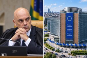 Montagem editorial gerada por IA mostra Alexandre de Moraes à esquerda e a sede da Comissão Europeia em Bruxelas à direita.