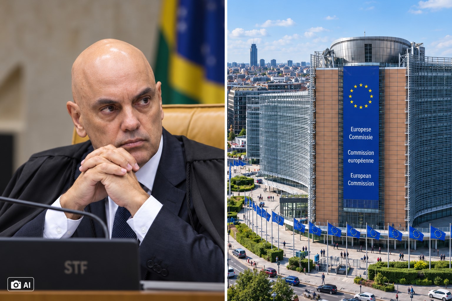 Montagem editorial gerada por IA mostra Alexandre de Moraes à esquerda e a sede da Comissão Europeia em Bruxelas à direita.