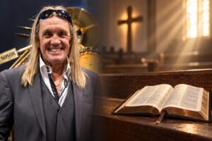 Composição editorial mista mostra, à esquerda, recorte de foto de reprodução do ex-baterista do Iron Maiden, Nicko McBrain e, à direita, imagem ilustrativa de uma Bíblia em ambiente de igreja, usada para contextualizar notícia sobre seu testemunho de fé.