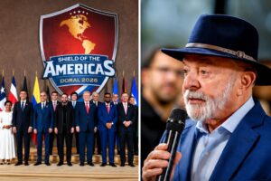 Montagem fotográfica com registros reais da iniciativa Shield of the Americas e do presidente Lula, com imagens de reprodução cuja resolução foi otimizada por IA sem alteração da identidade visual