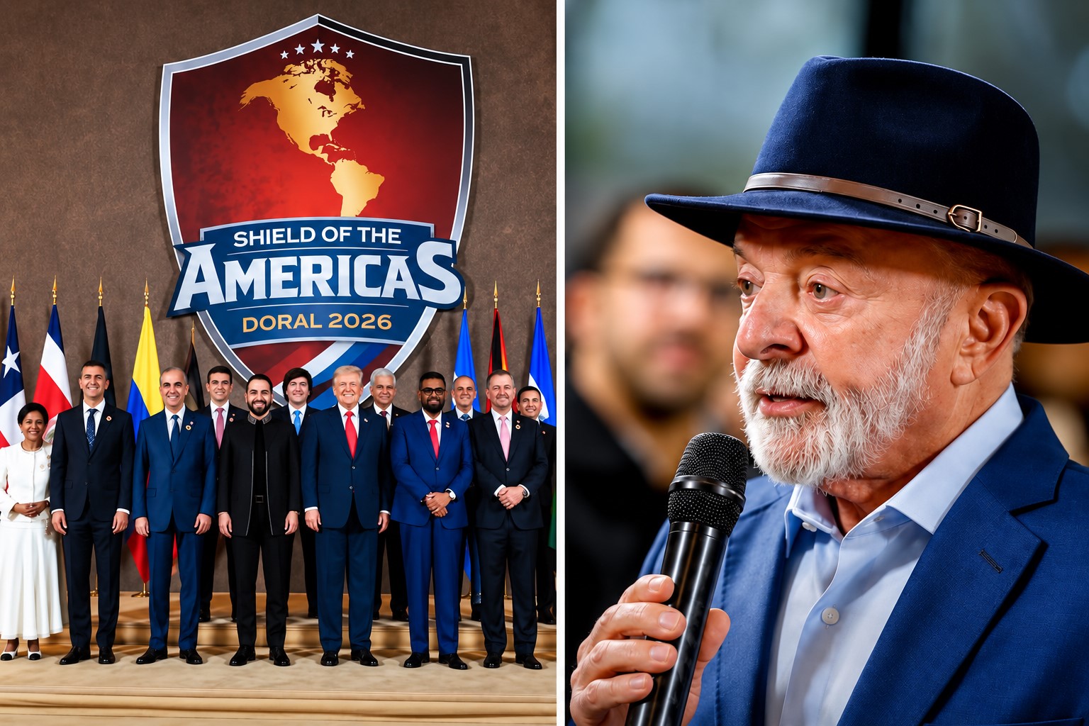 Montagem fotográfica com registros reais da iniciativa Shield of the Americas e do presidente Lula, com imagens de reprodução cuja resolução foi otimizada por IA sem alteração da identidade visual