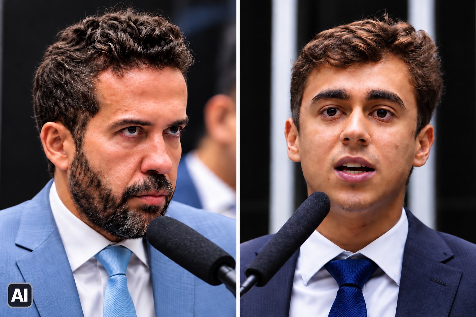 Montagem fotográfica gerada por IA com representação de André Janones à esquerda e Nikolas Ferreira à direita em contexto jornalístico.