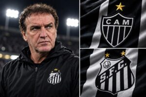 Montagem gerada por IA mostra Cuca ao lado dos escudos de Atlético-MG e Santos para contextualizar notícia sobre confusão após eliminação.