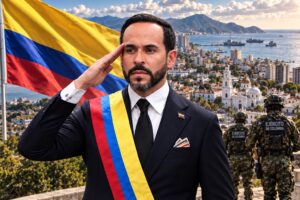 Montagem ilustrativa mostra Abelardo De La Espriella em primeiro plano, diante da bandeira da Colômbia e de uma vista de Santa Marta, com militares ao fundo, em referência à operação de segurança anunciada no país.