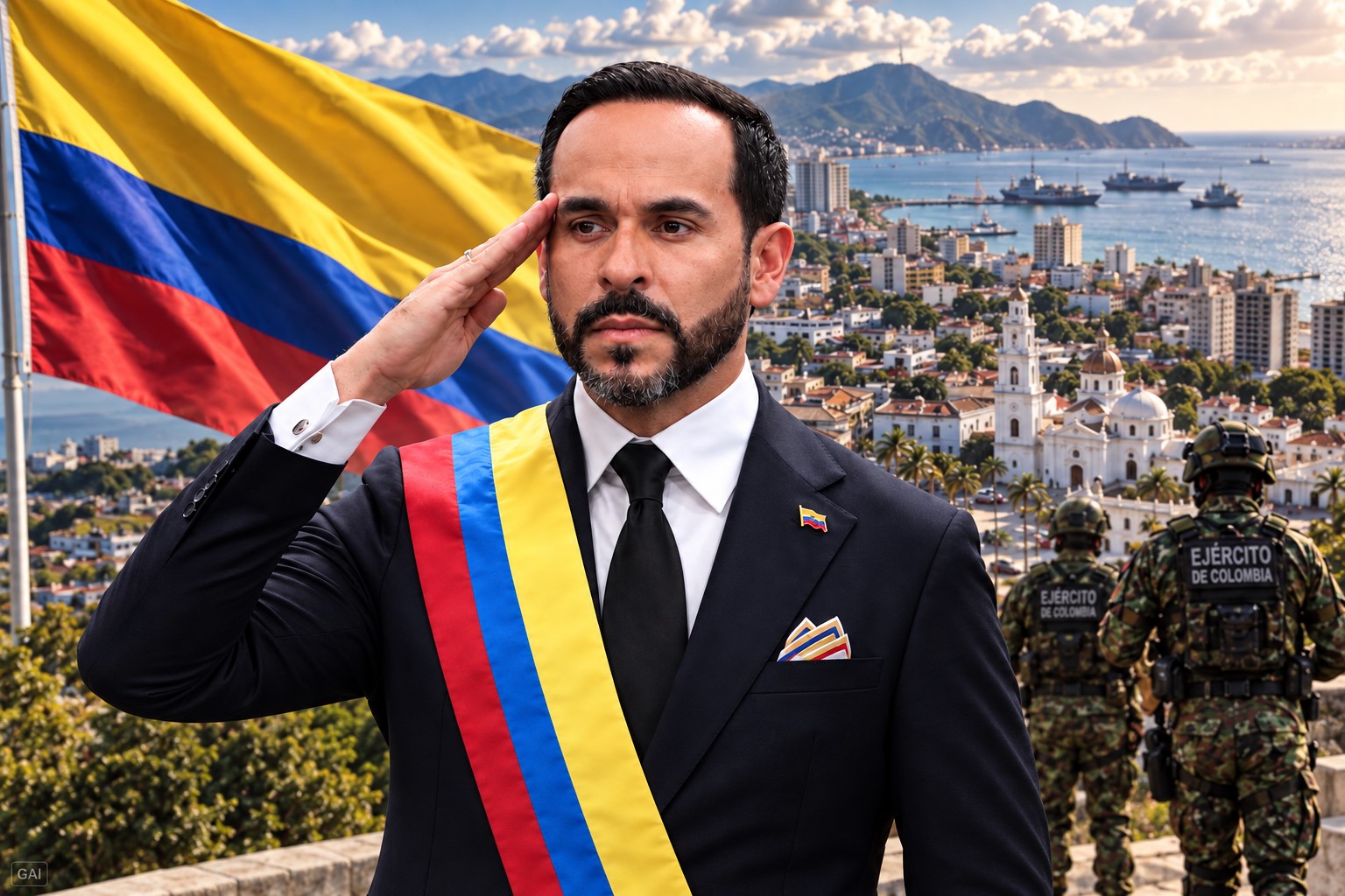 Montagem ilustrativa mostra Abelardo De La Espriella em primeiro plano, diante da bandeira da Colômbia e de uma vista de Santa Marta, com militares ao fundo, em referência à operação de segurança anunciada no país.