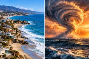 Montagem com representação fotorrealística da costa da Califórnia e de um ciclone sobre o mar para ilustrar reportagem sobre elevação do nível do mar.