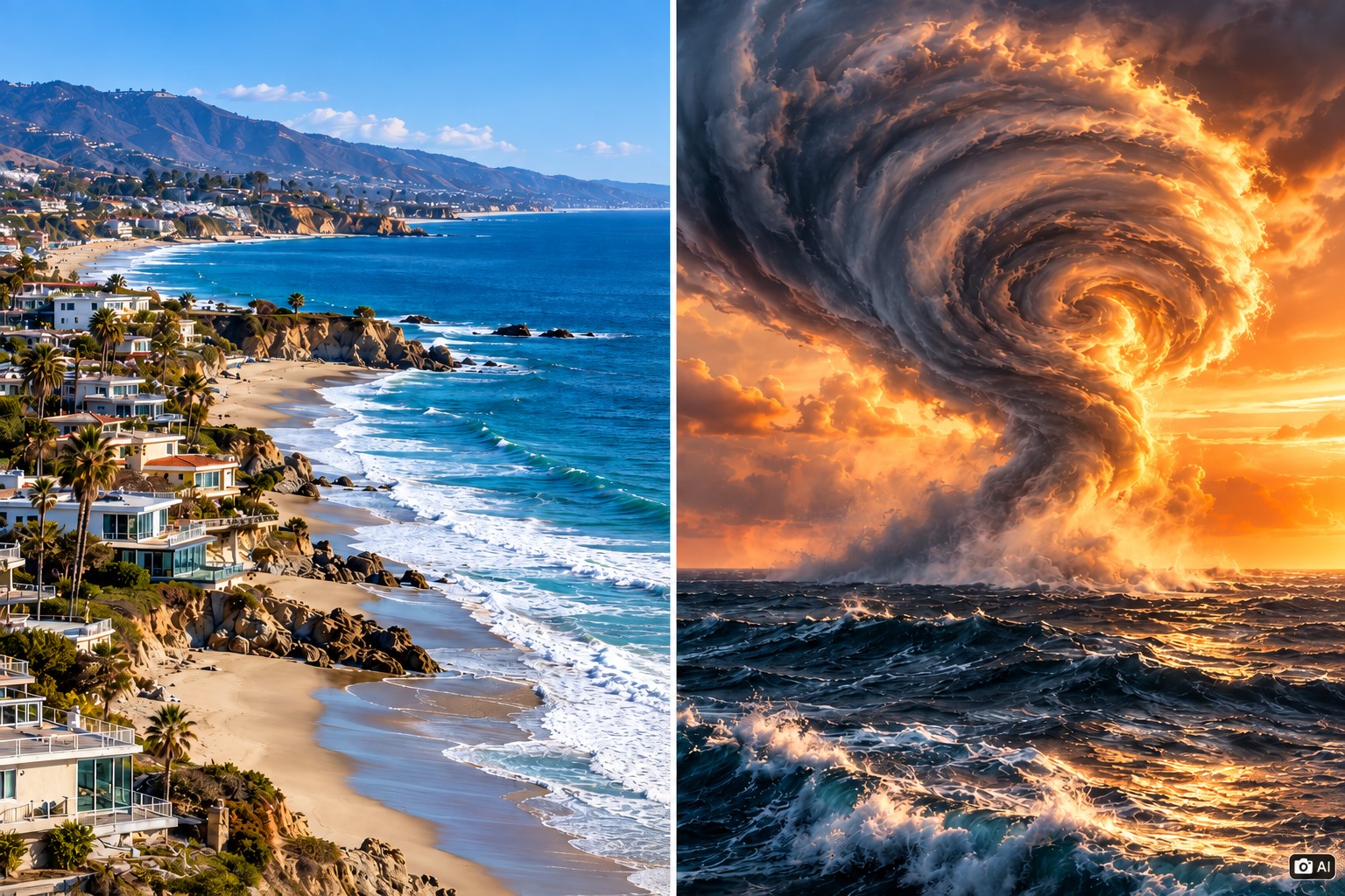 Montagem com representação fotorrealística da costa da Califórnia e de um ciclone sobre o mar para ilustrar reportagem sobre elevação do nível do mar.