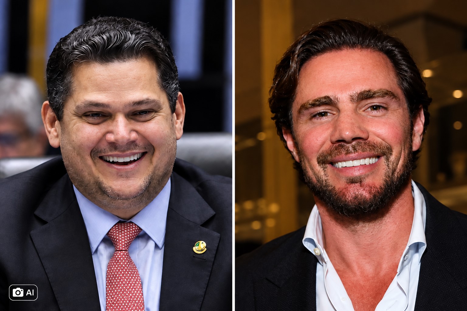 Montagem editorial com representações fotorrealísticas de Davi Alcolumbre e Daniel Vorcaro em imagem dividida.