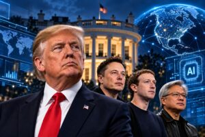 Montagem editorial com Donald Trump, Elon Musk, Mark Zuckerberg e Jensen Huang diante da Casa Branca, acompanhados por elementos visuais relacionados à inteligência artificial e tecnologia global.