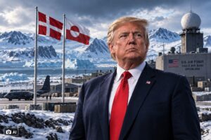 Composição ilustrativa gerada por IA mostra Donald Trump, bandeiras da Dinamarca e da Groenlândia e base militar em cenário ártico