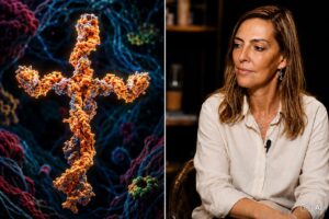 Montagem ilustrativa editorial gerada por IA mostra, à esquerda, a proteína da polilaminina em visão microscópica e, à direita, a pesquisadora Tatiana Sampaio.