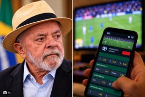 Montagem editorial com representação de Lula e cena ilustrativa de apostas esportivas em celular
