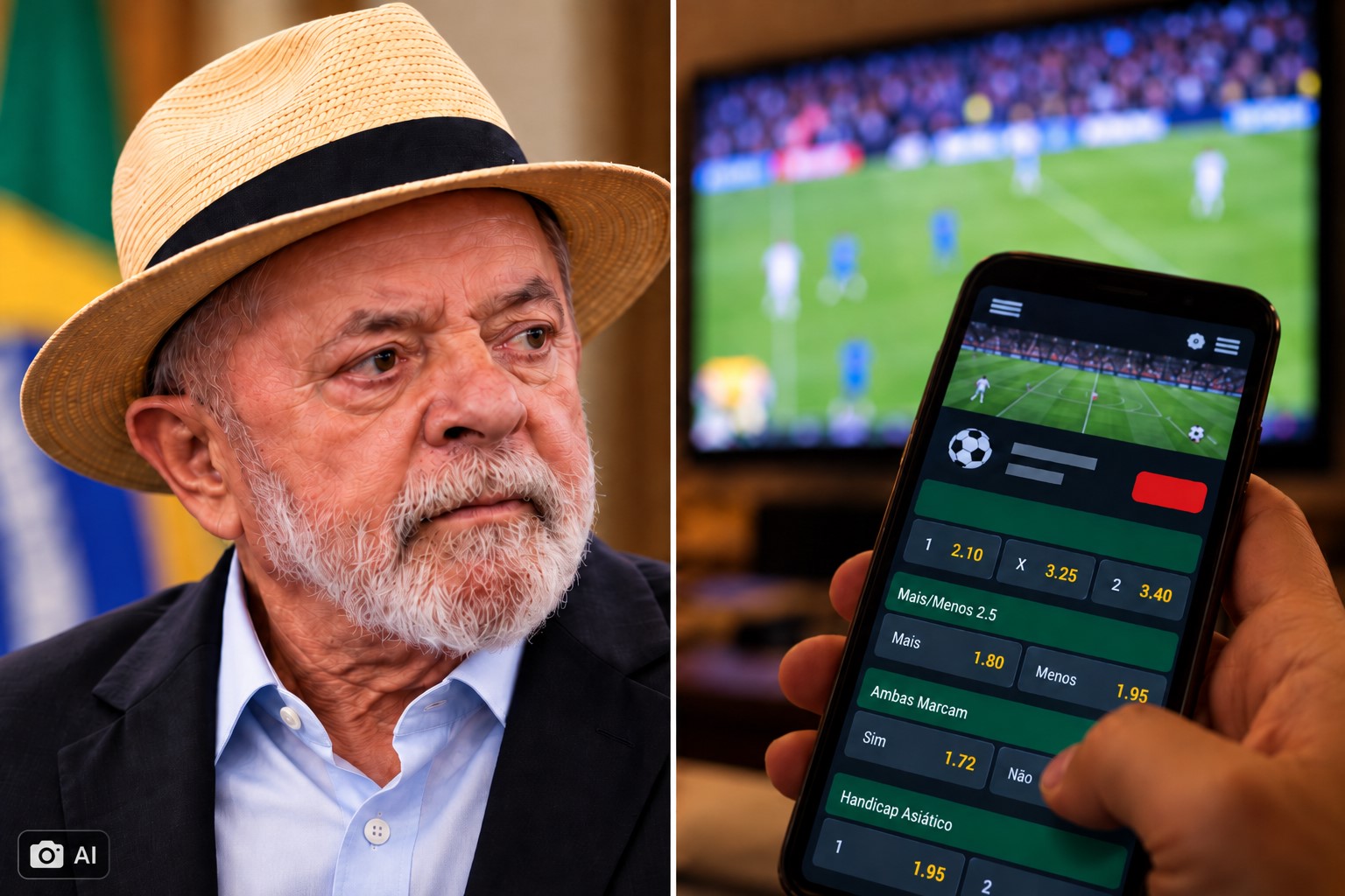 Montagem editorial com representação de Lula e cena ilustrativa de apostas esportivas em celular
