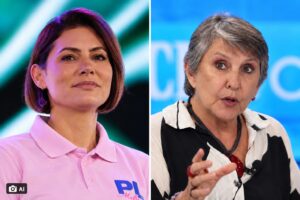 Montagem em formato split mostra Michelle Bolsonaro à esquerda e Erika Kokay à direita, em referência à decisão da Justiça Eleitoral sobre propaganda com imagem de Jair Bolsonaro.