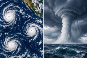 Montagem ilustrativa gerada por IA representa três furacões ativos no Pacífico em composição dividida entre visão de satélite e tempestade sobre o oceano.