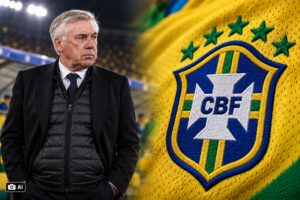 Montagem fotográfica editorial gerada por IA mostra Carlo Ancelotti à esquerda e o emblema da CBF à direita, em composição usada para contextualizar notícia sobre a nova convocação da Seleção Brasileira.
