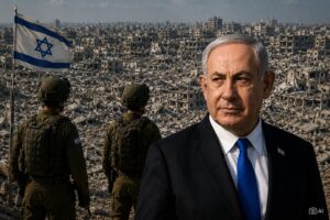 Montagem ilustrativa gerada por IA mostra Benjamin Netanyahu diante de cenário de destruição em Gaza.