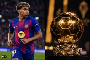 Montagem fotográfica gerada por IA representa Lamine Yamal, à esquerda, e uma representação conceitual da Bola de Ouro, à direita.