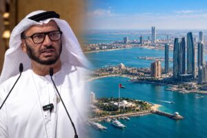 Montagem fotográfica gerada por IA mostra Anwar Gargash, conselheiro diplomático da Presidência dos Emirados Árabes Unidos, à esquerda, e uma vista de Abu Dhabi à direita.