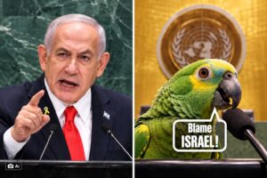 Montagem jornalística com imagem de Netanyahu gerada por IA à esquerda e frame de vídeo oficial do governo de Israel à direita.