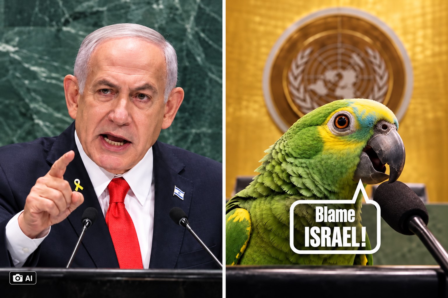 Montagem jornalística com imagem de Netanyahu gerada por IA à esquerda e frame de vídeo oficial do governo de Israel à direita.