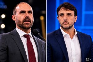Montagem gerada por IA com Eduardo Bolsonaro à esquerda e Renan Santos à direita, em composição dividida para contexto informativo.