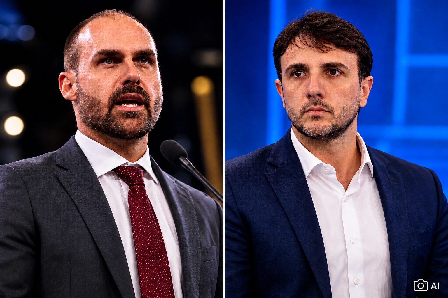 Montagem gerada por IA com Eduardo Bolsonaro à esquerda e Renan Santos à direita, em composição dividida para contexto informativo.