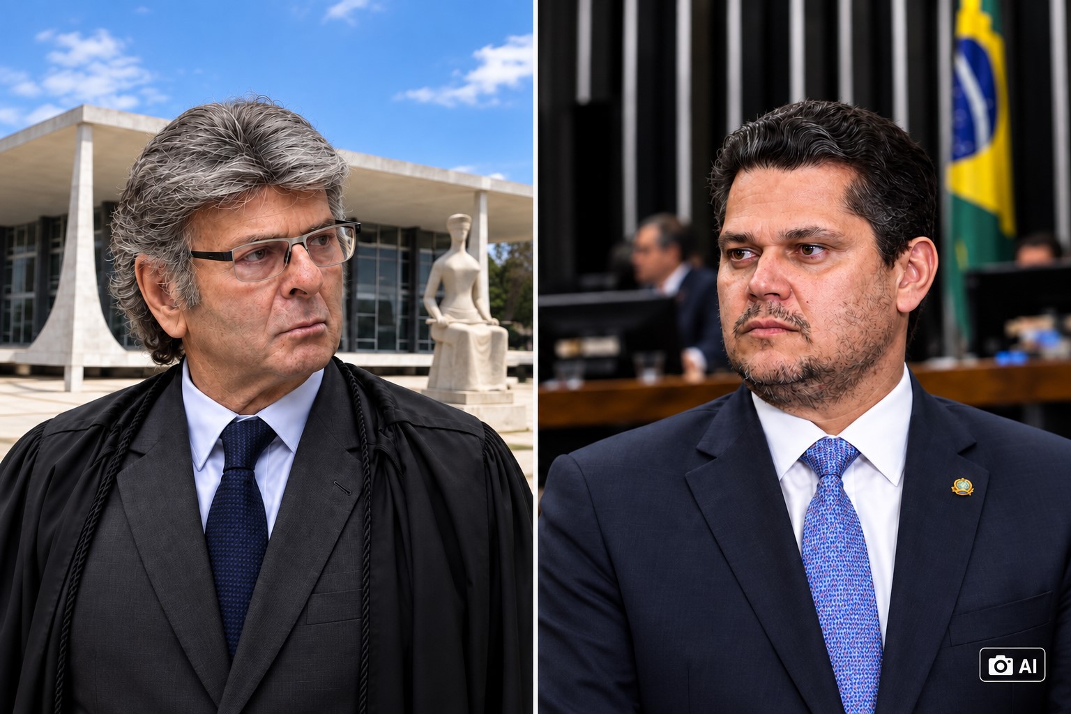 Montagem editorial gerada por IA com representações fotorrealistas de Luiz Fux e Davi Alcolumbre, em composição alusiva ao STF e ao Senado Federal.