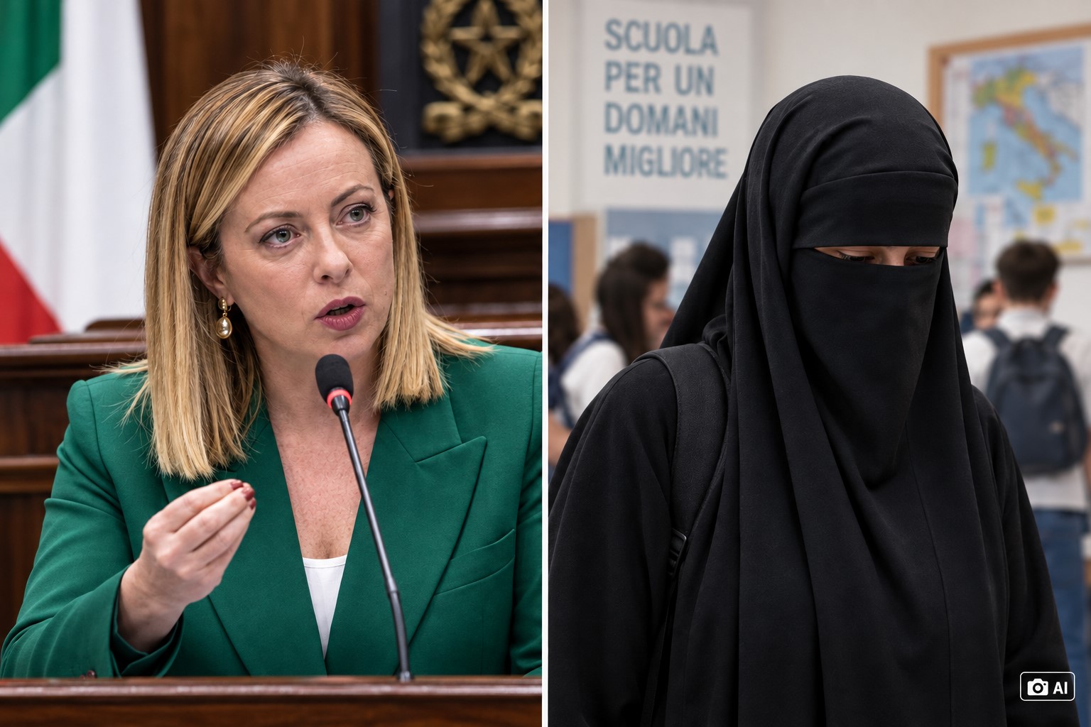 Imagem editorial gerada por IA mostra Giorgia Meloni à esquerda e, à direita, uma representação conceitual de mulher usando niqab em ambiente escolar.