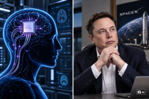 Composição ilustrativa gerada por IA mostra interface cerebral tecnológica ao lado de representação de Elon Musk em contexto de reportagem sobre Neuralink e debates teológicos.