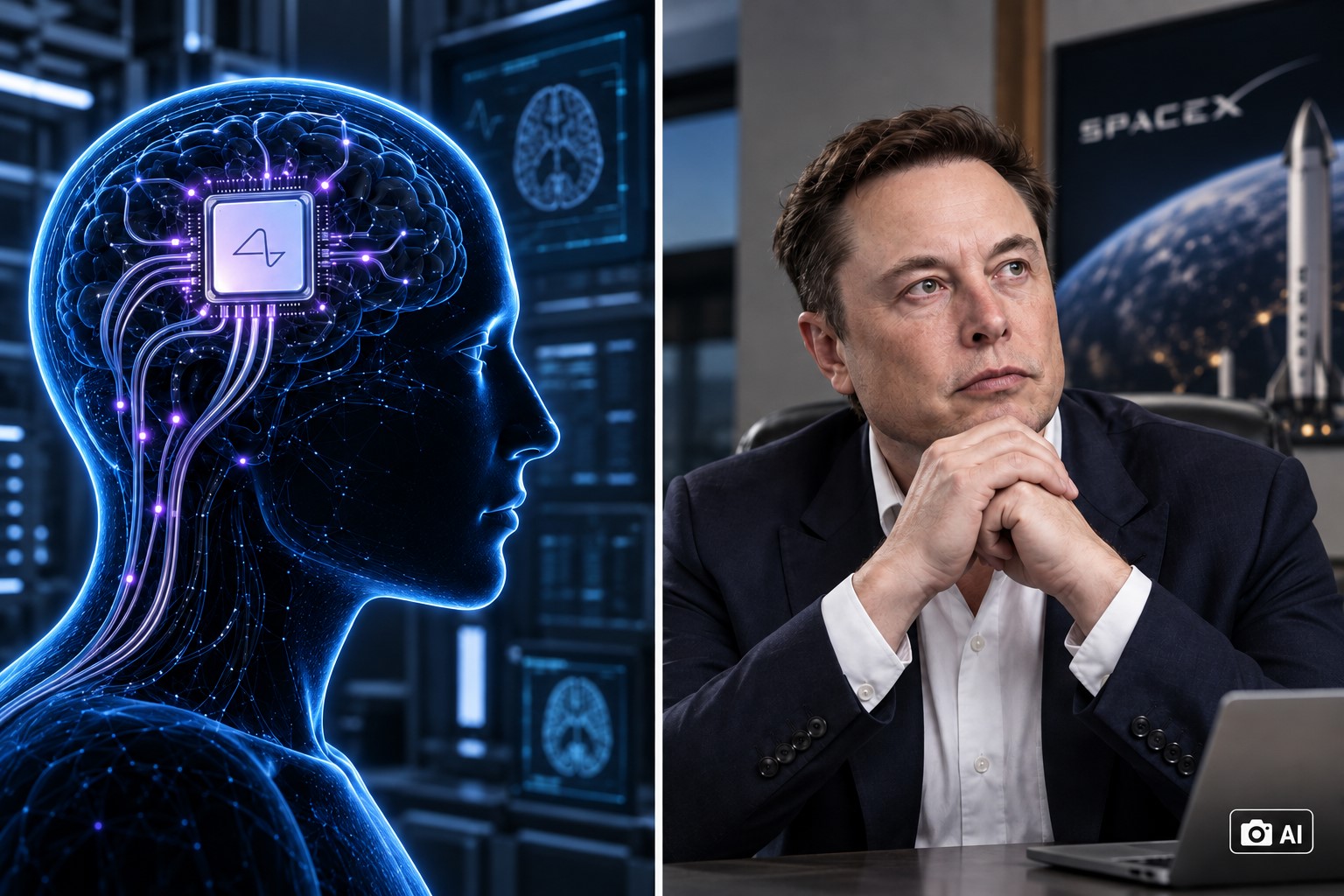 Composição ilustrativa gerada por IA mostra interface cerebral tecnológica ao lado de representação de Elon Musk em contexto de reportagem sobre Neuralink e debates teológicos.