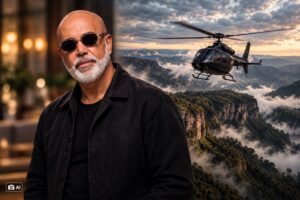 Composição ilustrativa mostra representação do cantor Rick em primeiro plano e helicóptero sobre a Serra Catarinense.