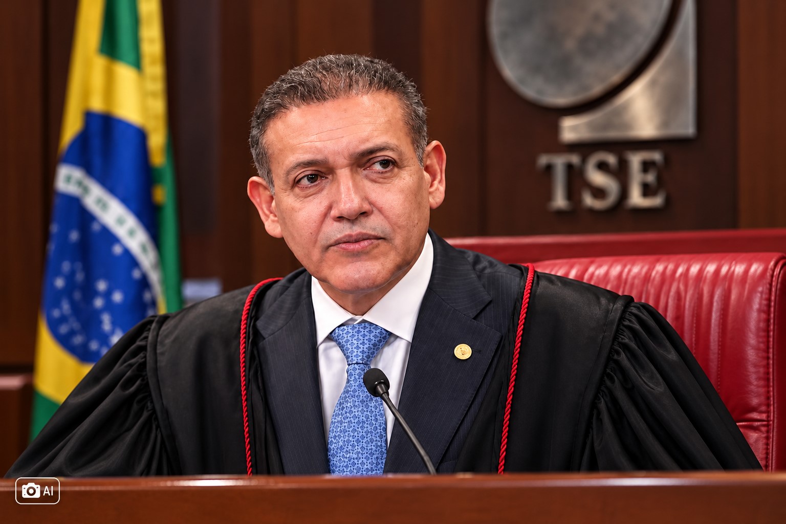 Imagem gerada por IA representa o ministro Nunes Marques em contexto institucional ligado ao TSE.