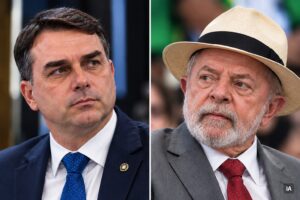 Montagem visual em formato split, totalmente gerada por inteligência artificial, mostrando representações de Flávio Bolsonaro e Luiz Inácio Lula da Silva em contexto eleitoral, sem corresponder a registros fotográficos reais.