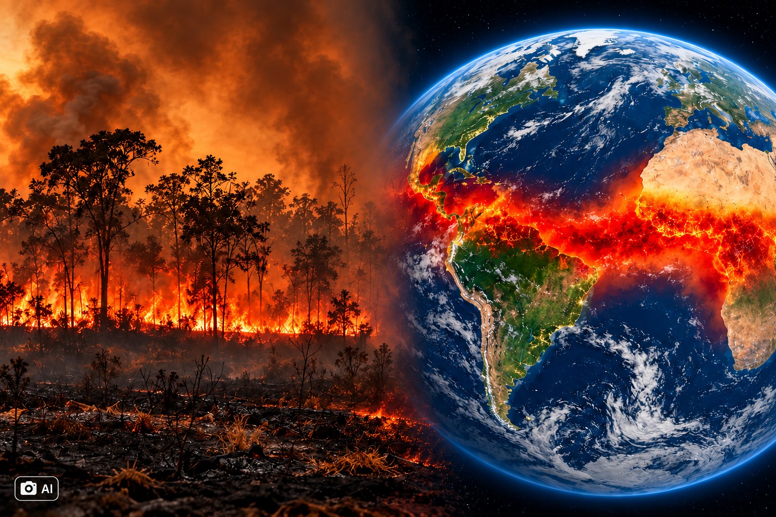 Montagem gerada por IA mostra, à esquerda, uma área de floresta com fogo e fumaça, e à direita, um globo terrestre com destaque visual para áreas mais afetadas por calor extremo.