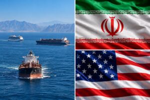 Composição ilustrativa de navios comerciais no Estreito de Ormuz, ao lado das bandeiras do Irã e dos Estados Unidos, representando as tensões marítimas e geopolíticas entre os dois países.