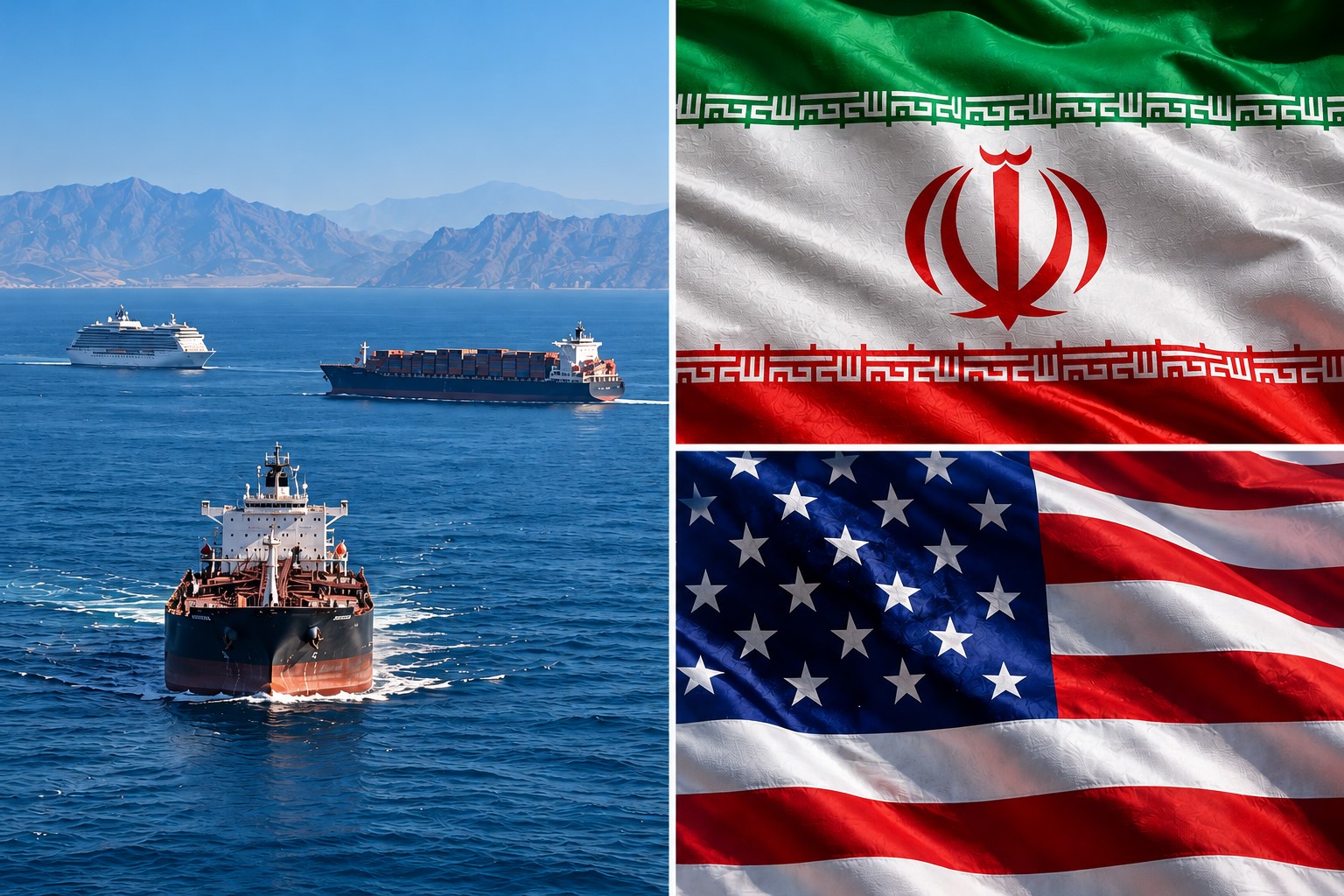 Composição ilustrativa de navios comerciais no Estreito de Ormuz, ao lado das bandeiras do Irã e dos Estados Unidos, representando as tensões marítimas e geopolíticas entre os dois países.