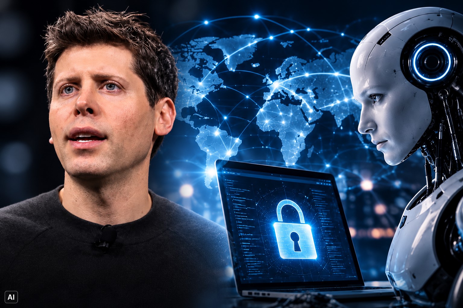 Montagem fotográfica editorial gerada por IA mostra representação fotorrealística de Sam Altman à esquerda e, à direita, composição visual sobre segurança cibernética com robô, laptop e elementos digitais.