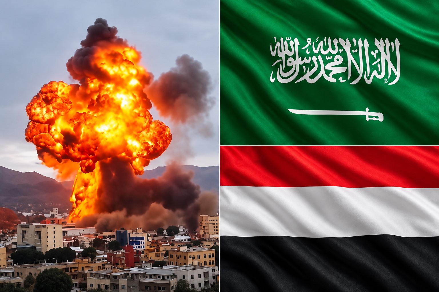 Explosão de grandes proporções registrada em imagem de reprodução à esquerda, ao lado das bandeiras da Arábia Saudita e do Iêmen, em composição jornalística sobre ataque a instalação petrolífera em Saná.