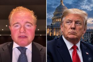Montagem jornalística mista com imagem de Martin De Luca, extraída de entrevista à CNN Brasil e otimizada por IA, à esquerda, e representação fotorrealista de Donald Trump com o Capitólio ao fundo, gerada por IA, à direita.