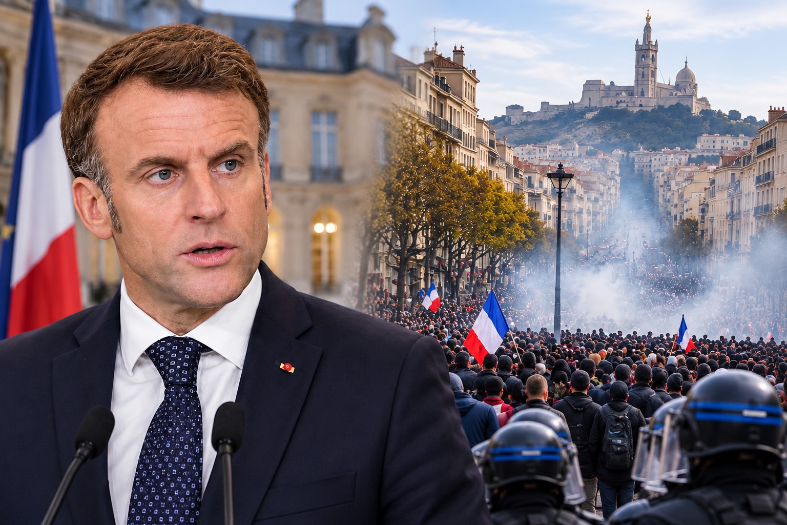 Montagem gerada por inteligência artificial mostrando Emmanuel Macron à esquerda e uma representação de protestos nas ruas de Marselha, na França, à direita.
