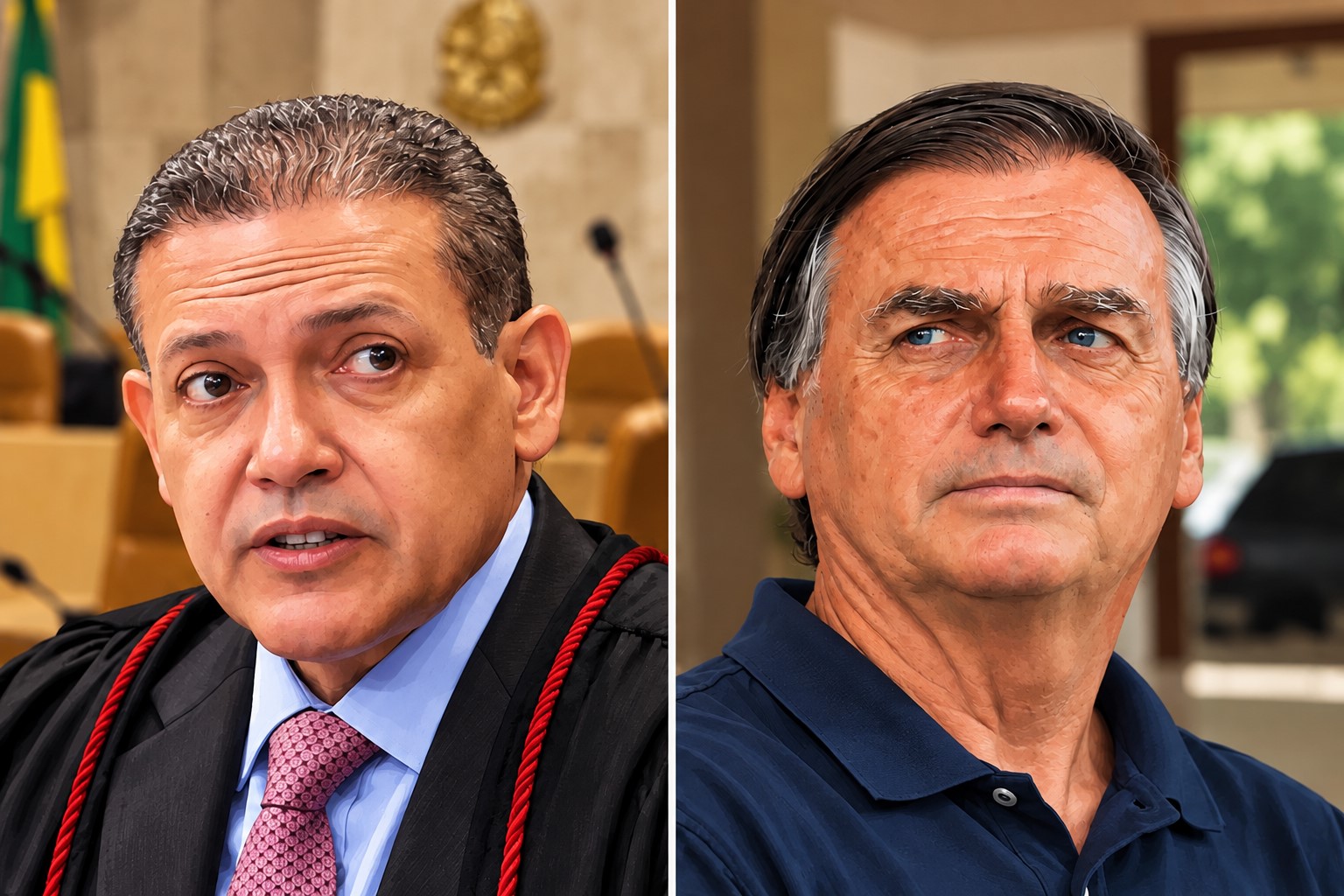 Nunes Marques e Jair Bolsonaro em composição dividida gerada por IA para ilustrar notícia sobre novo pedido da defesa no STF.